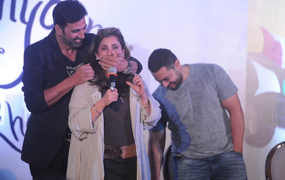 Akshay Kumar (L), Dimple Kapadia (C) and Aamir Khan (R) during the launch of Twinkle Khanna's book Mrs Funnybones at JW Marriot in Mumbai. -dna