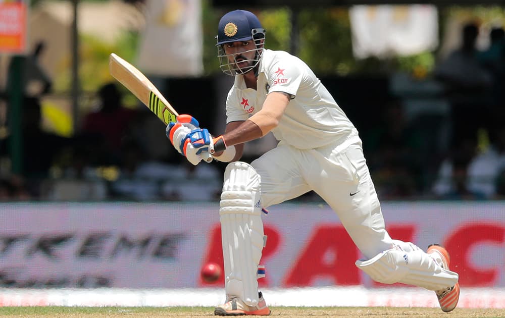 Lokesh Rahul plays a shot during the first day's play of the second test cricket match between Sri Lanka and India in Colombo, Sri Lanka.