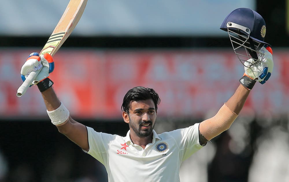 Lokesh Rahul celebrates scoring a century during the first day's play of the second test cricket match between Sri Lanka and India in Colombo, Sri Lanka.