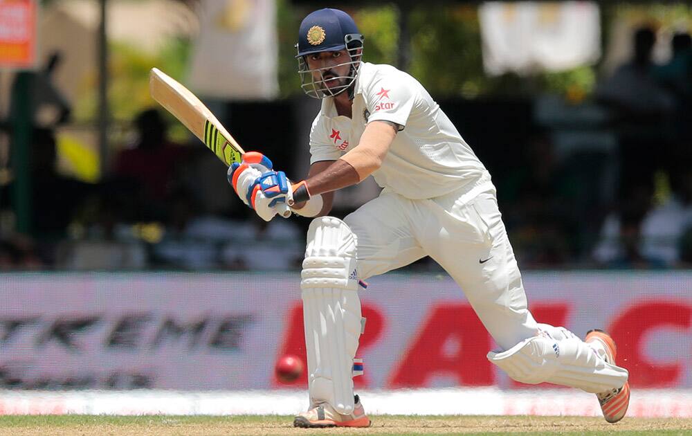 Lokesh Rahul plays a shot during the first day's play of the second test cricket match between Sri Lanka and India in Colombo, Sri Lanka.