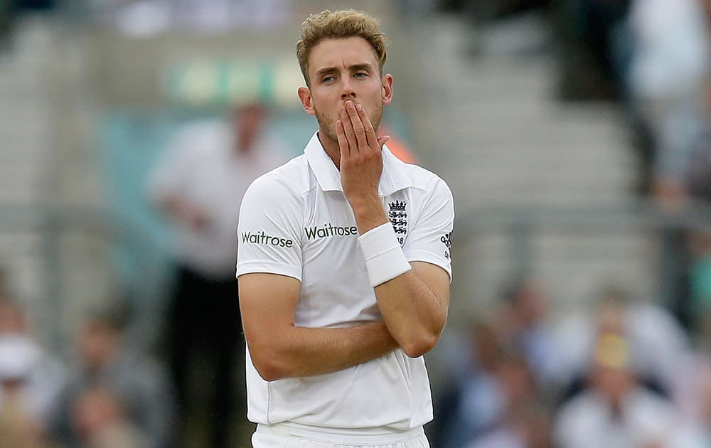 England's Stuart Broad reacts after bowling to Australia's Steven Smith on the first day of the fifth Ashes Test match between England and Australia, at the Oval cricket ground in London.