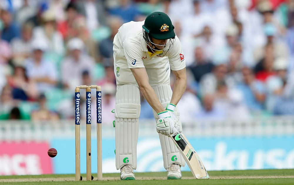 Australia’s Adam Voges is bowled out lbw by England’s Ben Stokes on the second day of the fifth Ashes Test match between England and Australia, at the Oval cricket ground in London.