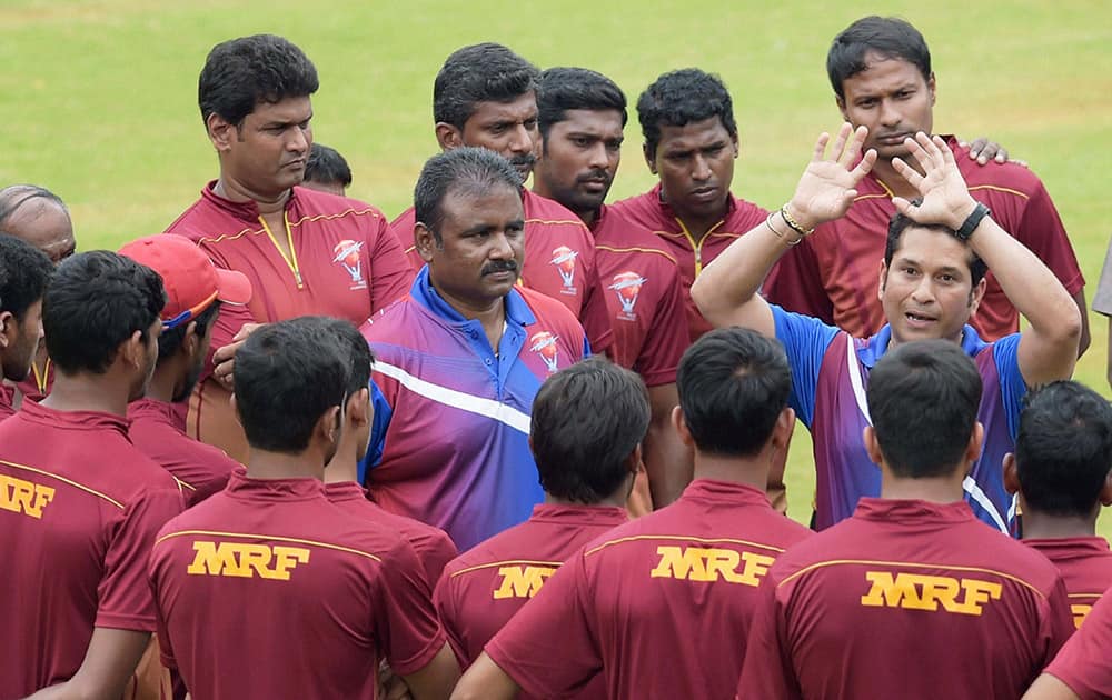 Sachin Tendulkar interacting with young cricketers at MRF Pace Foundation in Chennai.