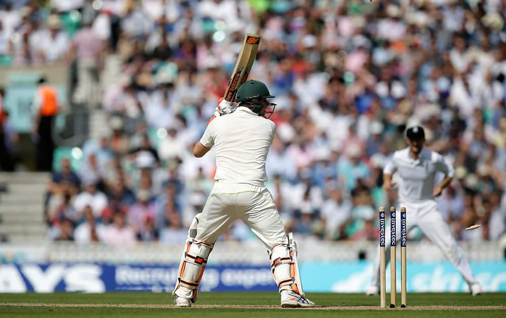 Steven Smith is bowled out by England’s Steven Finn on the second day of the fifth Ashes Test match between England and Australia, at the Oval cricket ground in London.