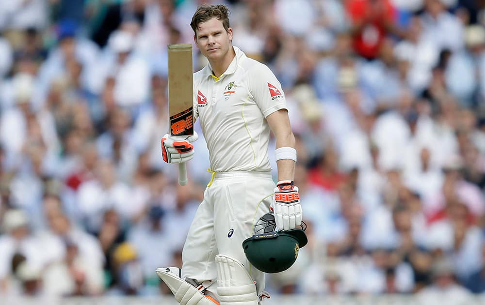 Australia’s Steven Smith celebrates making a century on the second day of the fifth Ashes Test match between England and Australia, at the Oval cricket ground in London.