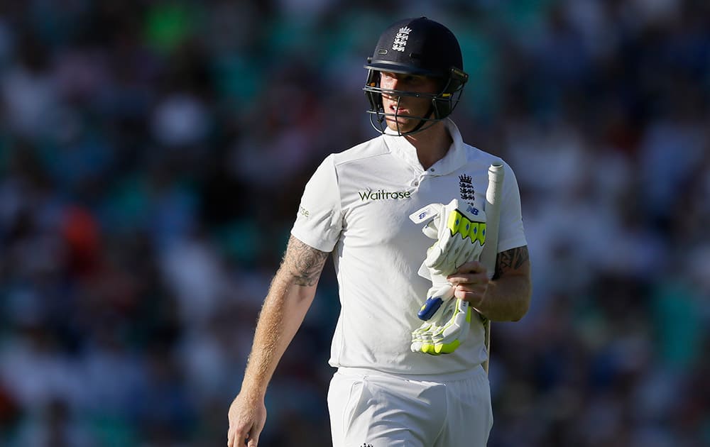 England’s Ben Stokes walked after being dismissed by Australia’s Mitchell Marsh on the second day of the fifth Ashes Test match between England and Australia, at the Oval cricket ground in London.