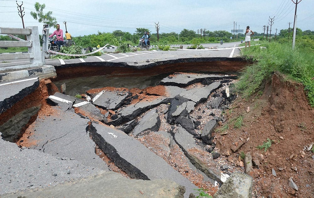 A damaged road after heavy rains in Muzaffarpur.