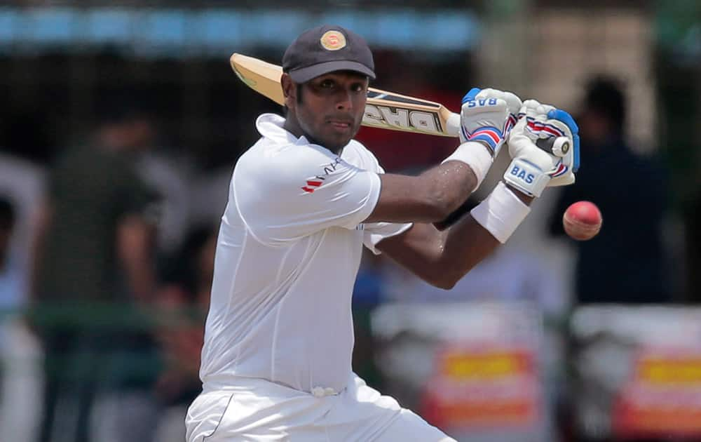 Sri Lanka's Angelo Mathews plays a shot during the third day's play of the second test cricket match against India in Colombo, Sri Lanka.