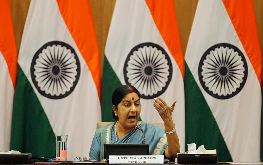 India's External Affairs Minister Sushma Swaraj answers questions to journalists during a press conference in New Delhi.