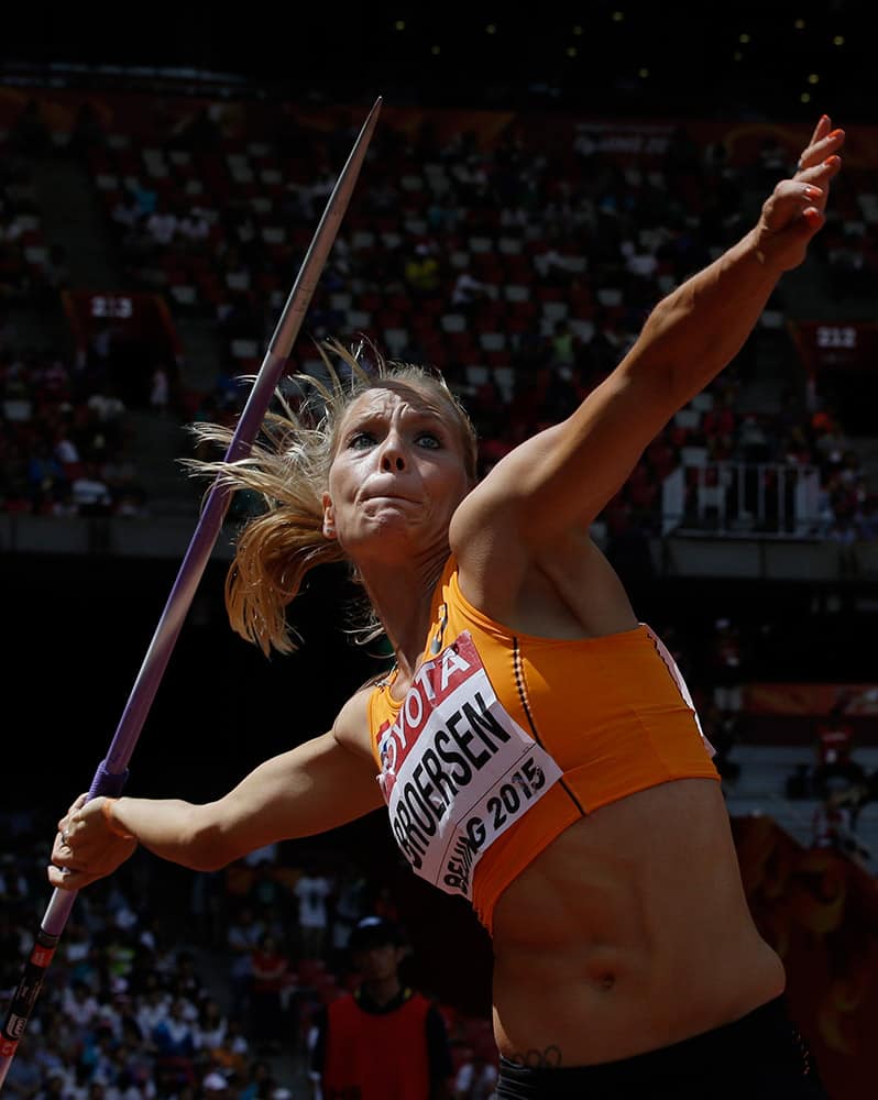 Nadine Broersen of the Netherlands competes in the women's javelin throw heptathlon at the World Athletics Championships at the Bird's Nest stadium in Beijing.