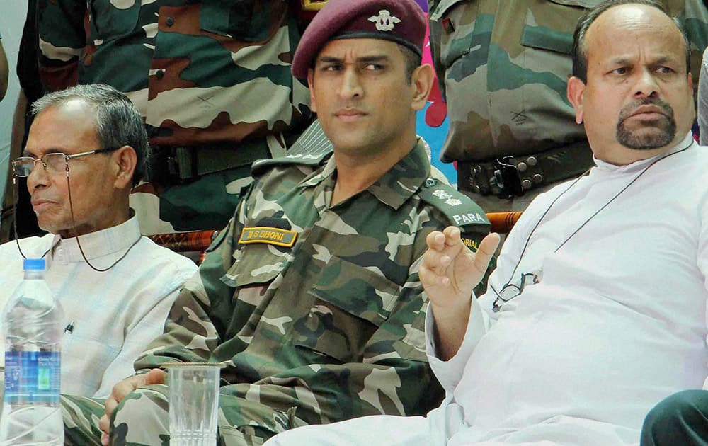 Cricketer and Territorial Army Lt Colonel MS Dhoni at St. Clares Senior Secondary School in Agra.