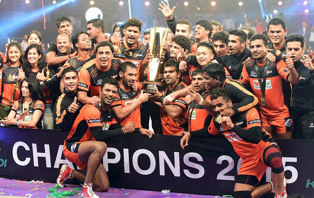 Pro Kabaddi League 2015 Champions, U Mumba celebrate their victory over Bangaluru Bulls in Mumbai.