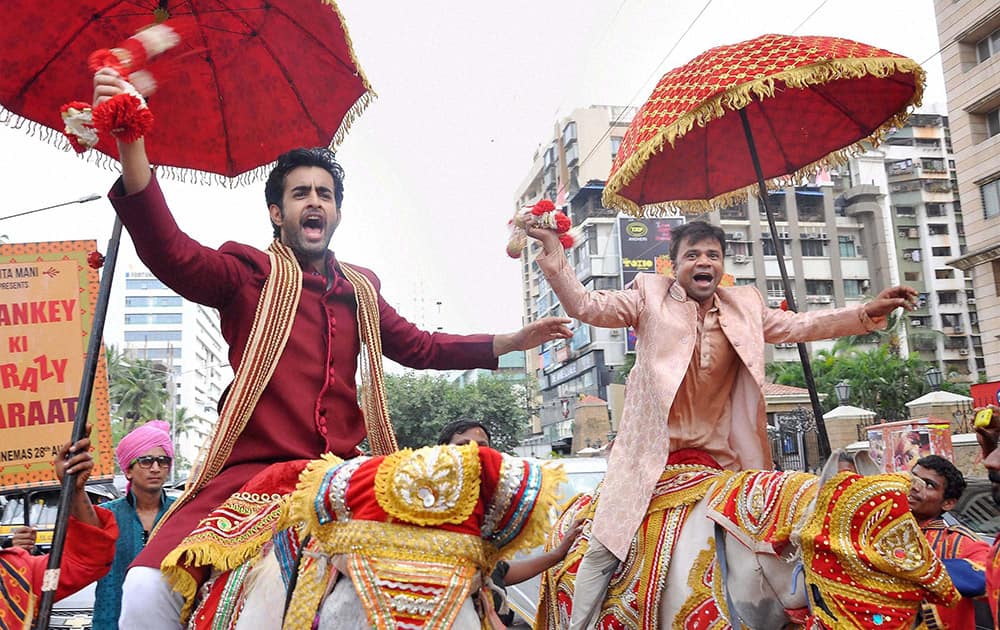 Bollywood actors Raajpal Yadav and Satyajeet Dubey during the promotion of their upcoming film Baankey Ki Crazy Baraat in Mumbai.