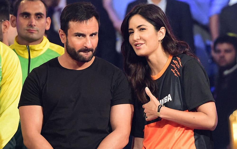 Bollywood stars Saif Ali Khan and Katrina Kaif during the Pro Kabaddi League Finals in Mumbai.