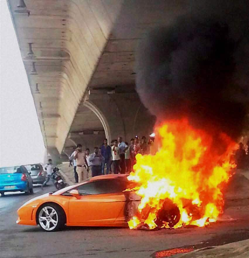 A Lamborghini catches fire in New Delhi.