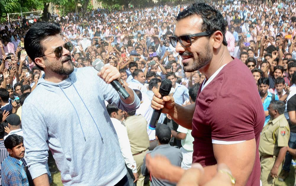 Bollywood actor Anil Kapoor and John Abraham during a promotaional event for their upcoming film Welcome Back in Jaipur.