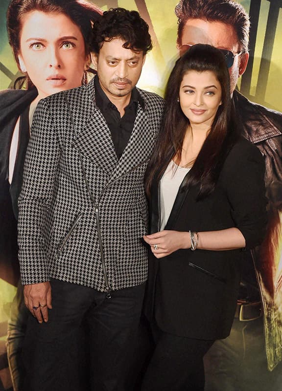 Irrfan Khan and Aishwarya Rai during the trailer launch of new film Jazbaa in Mumbai.