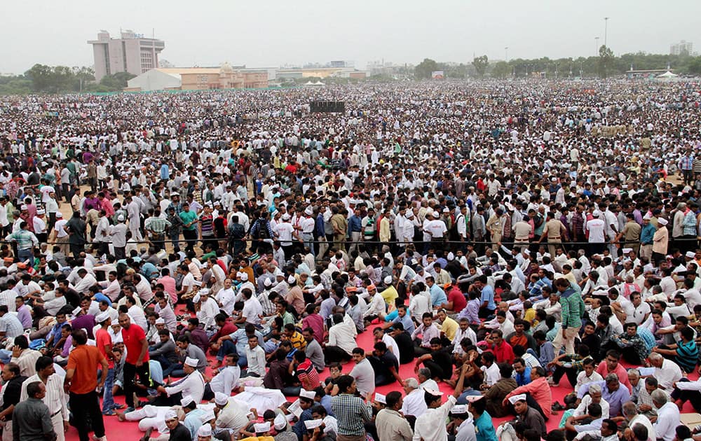 Mass gathering of community members at the meeting and mega rally organised by the Patel (Patidar) community to press for their demands of reservation, at the GMDC ground in Ahmedabad.