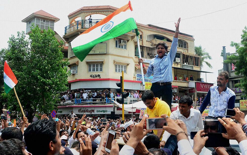 Patidar community leader Hardik Patel leading a rally for reservation in Ahmedabad.