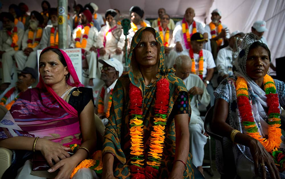 Widows of retired Indian soldiers participate in a relay hunger strike in New Delhi. Indian soldiers have been protesting in New Delhi for weeks demanding what they call the 'One Rank One Pension' (OROP) scheme to be implemented by the government.