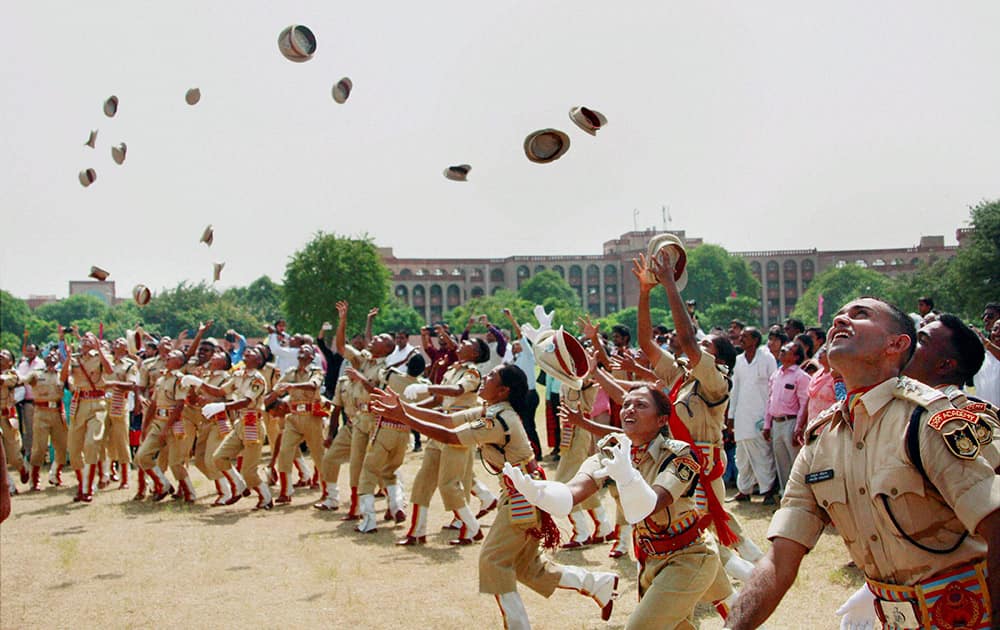 Cadets celebrate after their passing out parade at CRPF academy, Kadarpur in Gurgaon.