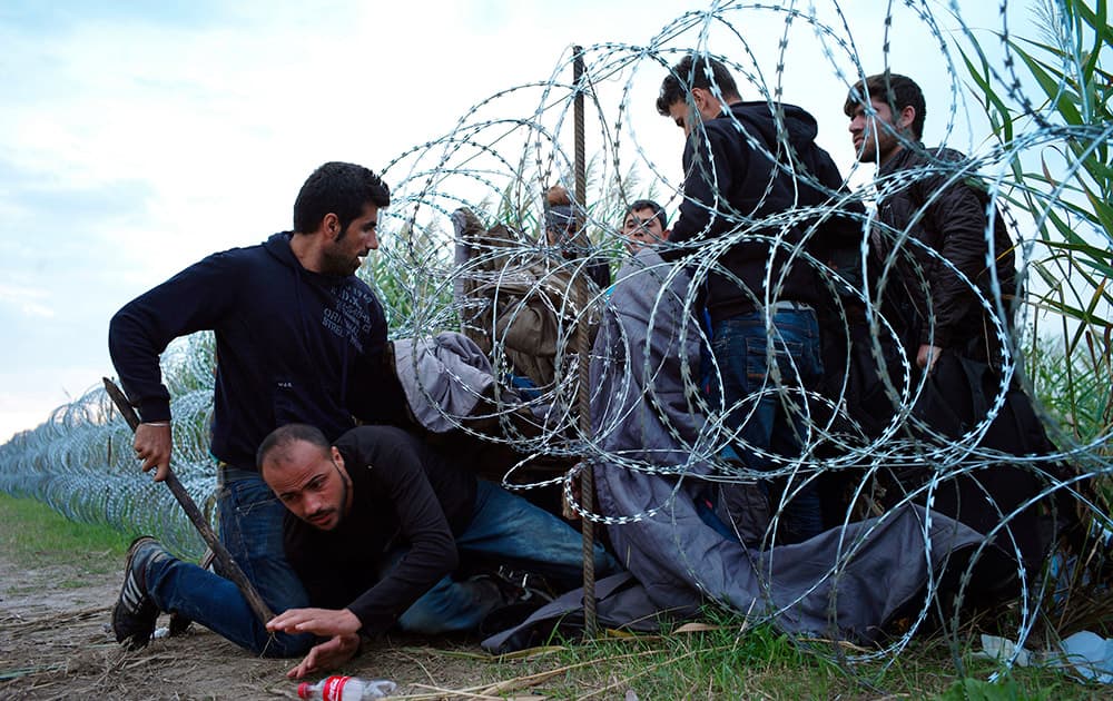 Syrian refugees cross into Hungary underneath the border fence on the Hungarian - Serbian border near Roszke, Hungary.