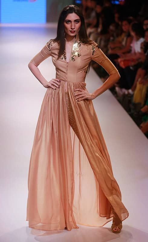 A model displays a creation of designer Nikhil Thampi during the Lakme Fashion Week in Mumbai.