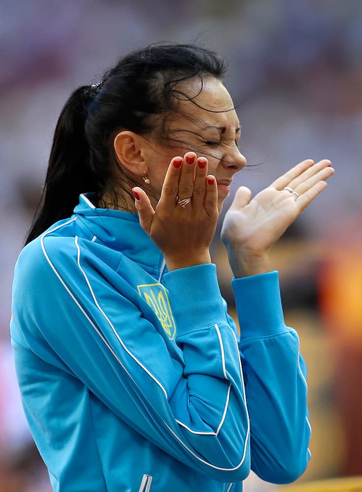 Ukraine's Iryna Gerashchenko prepares to compete in women's high jump qualification at the World Athletics Championships at the Bird's Nest stadium in Beijing.