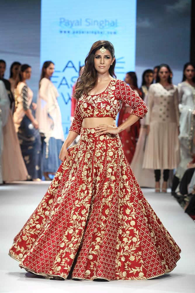 A model walks the ramp during the Lakme Fashion Week Winter Festive 2015, in Mumbai.