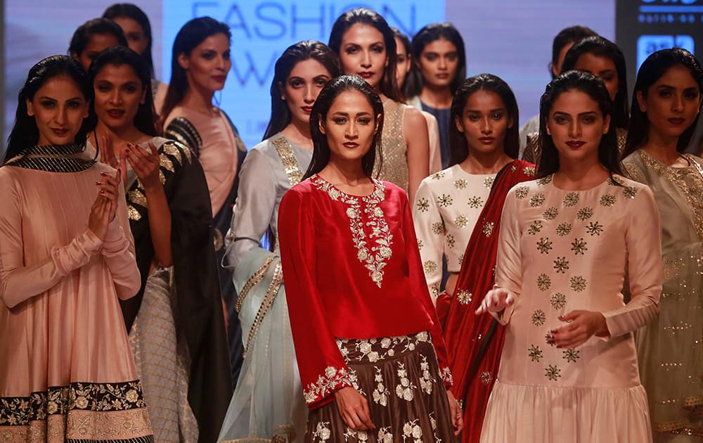 Models display creations of designer Payal Singhal during the Lakme Fashion Week in Mumbai.