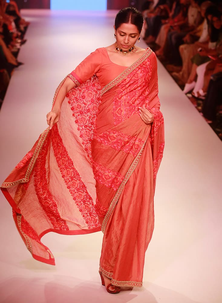 A model displays a creation of designer Soumitra during the Lakme Fashion Week in Mumbai.