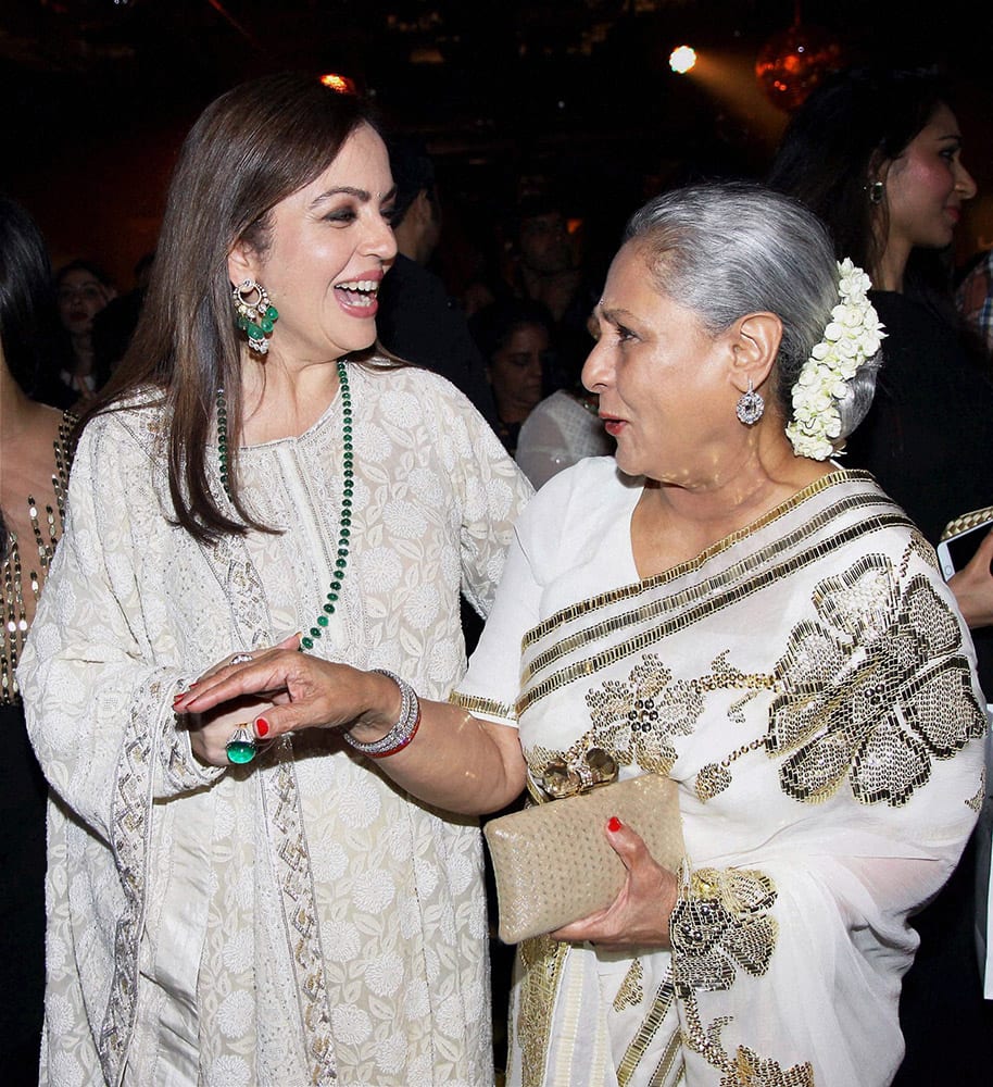 Nita Ambani, Founder and Chairperson, Reliance Foundation with Member of Parliament and Bollywood actress Jaya Bachchan during Lakme Fashion Week Winter/ Festive 2015.