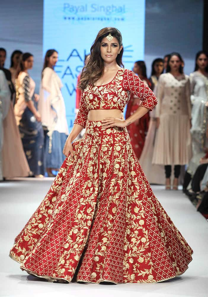 A model walks the ramp during the Lakme Fashion Week Winter Festive 2015, in Mumbai.