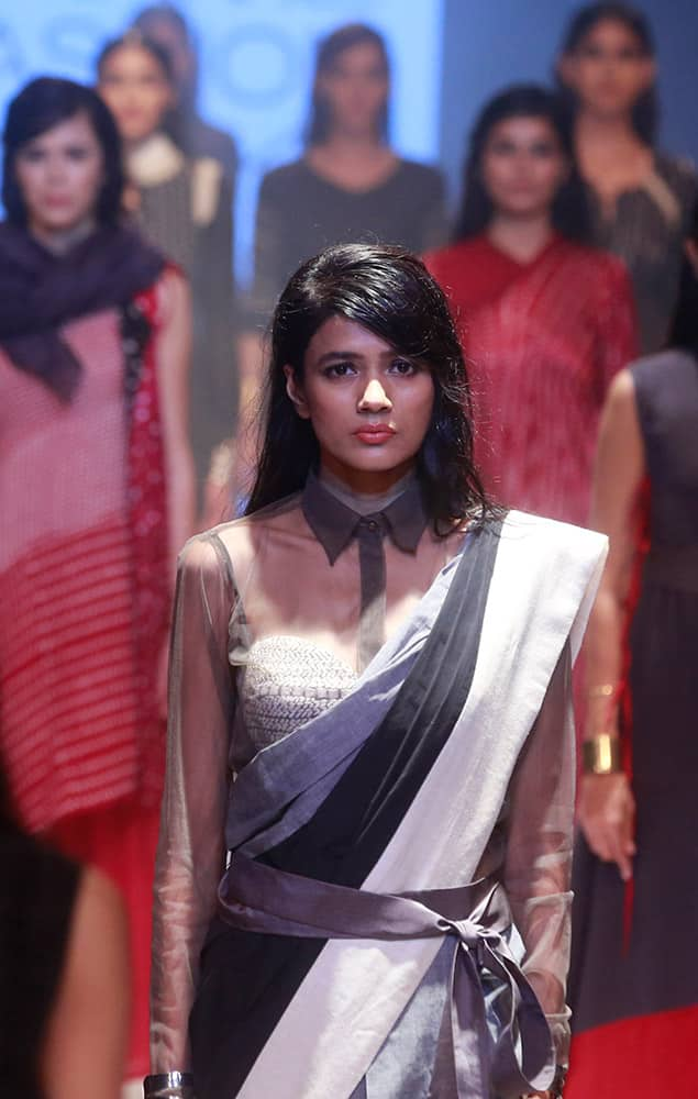 Models display creations of designer Myoho during the Lakme Fashion Week in Mumbai.