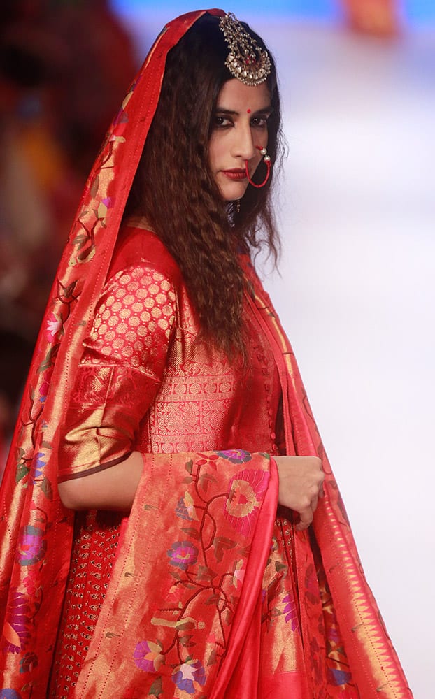 A model displays a creation of designer Gaurang during the Lakme Fashion Week in Mumbai.