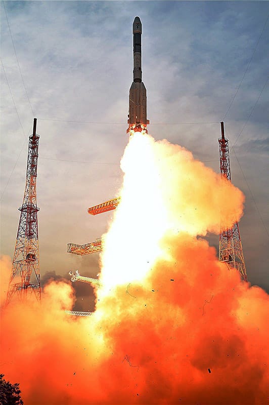 Geo-synchronous Satellite Launch Vehicle (GSLV) D6 carrying GSAT-6, lifts off from Satish Dhawan Space Centre in Sriharikota, Andhra Pradesh.