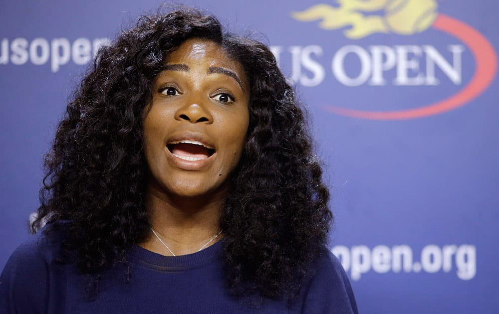 US Open tennis defending champion Serena Williams speaks during a press conference at the USTA Billie Jean King National Tennis Center in New York.