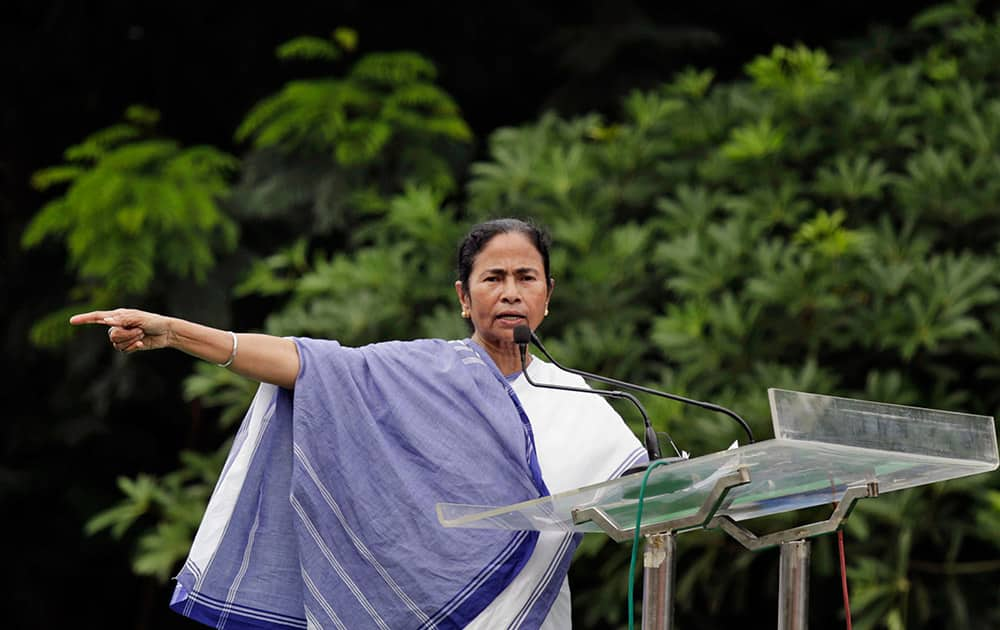 Chief Minister of West Bengal state Mamata Banerjee delivers a speech during a rally by student's wing of Trinamul Congress party in Kolkata.