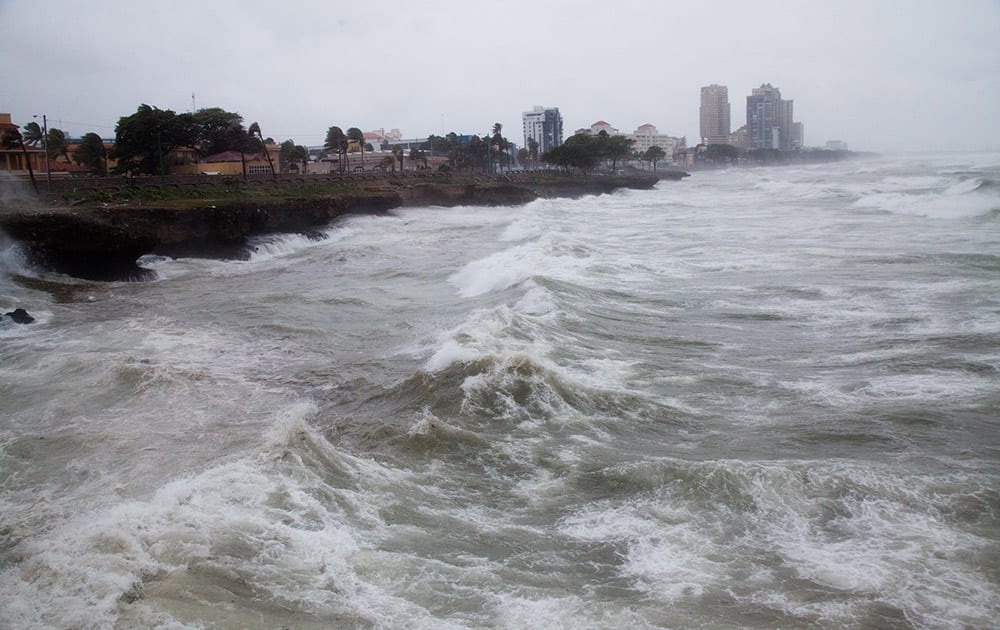 Strong winds and waves batter the coast as Tropical Storm Erika approaches Santo Domingo, in the Dominican Republic.