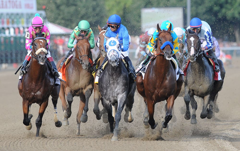 American Pharoah with Victor Espinoza, second from right, leads the field into the first turn during the Travers Stakes horse race at Saratoga Race Course in Saratoga Springs, N.Y.