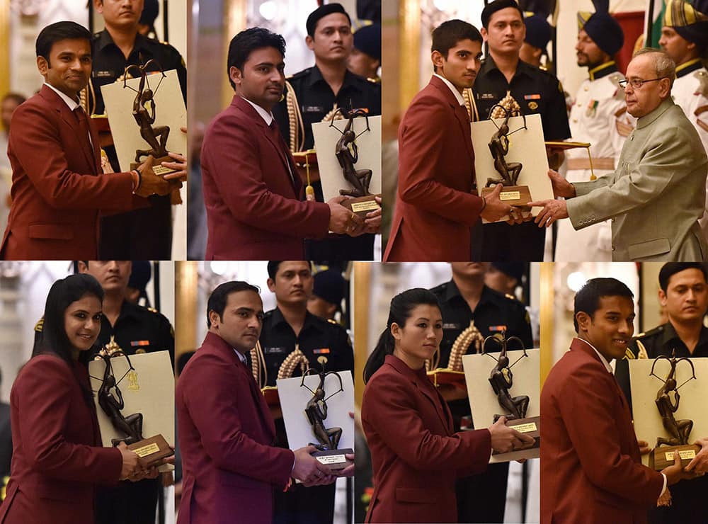 **COMBO** President Pranab Mukherjee honors, anti-clockwise from top 2nd right, Kidambi Srikanth Nammalwar(Badminton),Sandeep Kumar(Archery),Anup Kumar Yama(Roller Skating),Abhilasha Shashikant Mhatre(Kabaddi),Manjeet Chhillar(Kabaddi),Y Sanathoi Devi(Wushu) and Sharath M Gayakwad(Para Swimming) with Arjuna Award 2015 at a ceremony at Rashtrapati Bhavan in New Delhi.