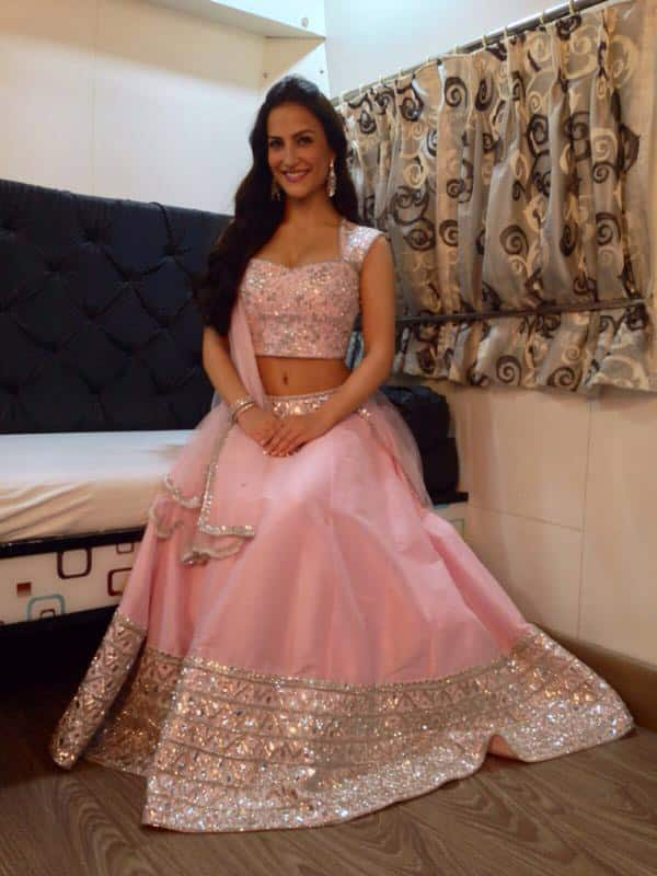 Elli Avram :- Loved my lehenga I worn tonight! Designer- Masumi Mewawalla ... Pink Peacock Couture & Jewellery from @NehaLullaJewlry -twitter