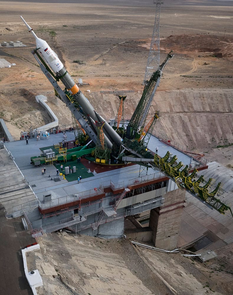 In this aerial photo, the Russian Soyuz TMA-18M space ship that will carry new crew to the International Space Station is fixed vertical at the launch pad in Russian leased Baikonur cosmodrome, Kazakhstan.