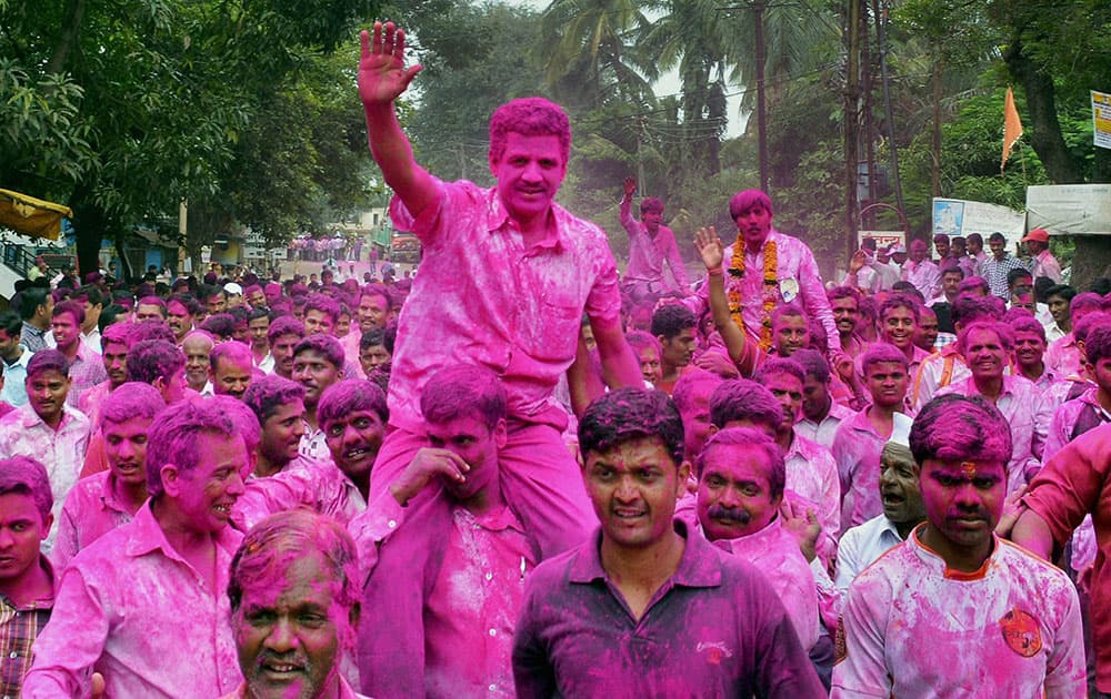 Rayat panel supporters celeberate the win in the Agricultural Produce Market Committee (APMC) elections.