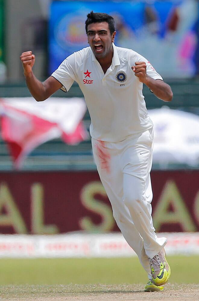 Ravichandran Ashwin celebrates the wicket of Sri Lanka's Lahiru Thirimanne on the final of their third test cricket match in Colombo, Sri Lanka.