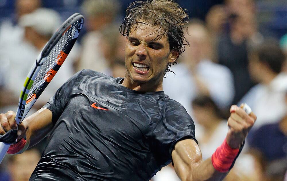 Rafael Nadal, of Spain, reacts after defeating Borna Coric, of Croatia, in the first round of the U.S. Open Tennis tournament in New York. Nadal won 6-3, 6-2, 4-6, 6-4.