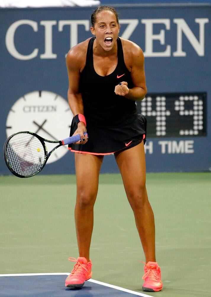 Madison Keys gestures after a shot to Klara Koukalova, of the Czech Republic, during the first round of the US Open Tennis tournament in New York.