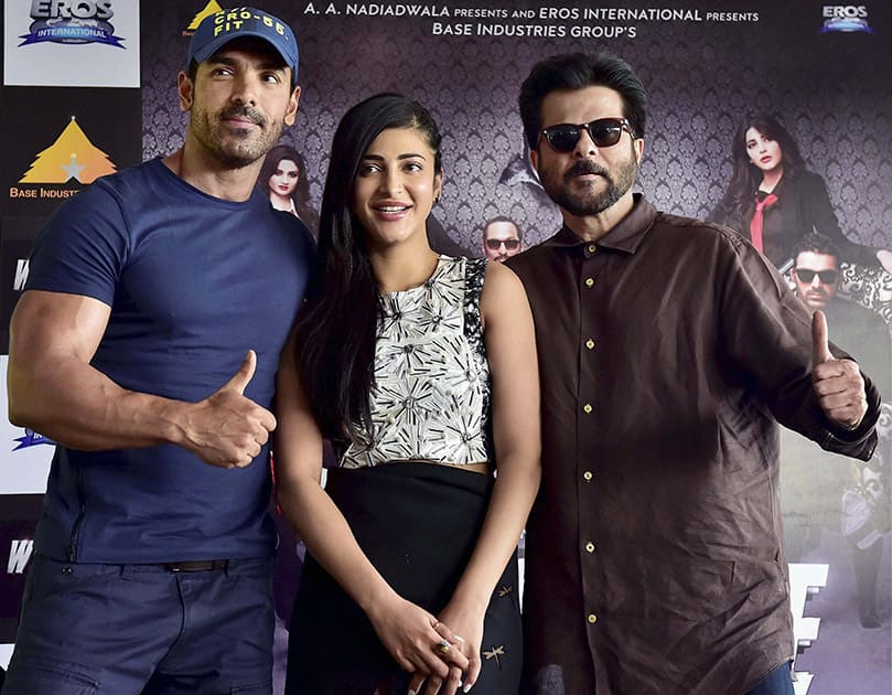 Anil Kapoor, John Abraham and Shruti Hassan at a promotional event for their upcoming film Welcome Back in New Delhi.