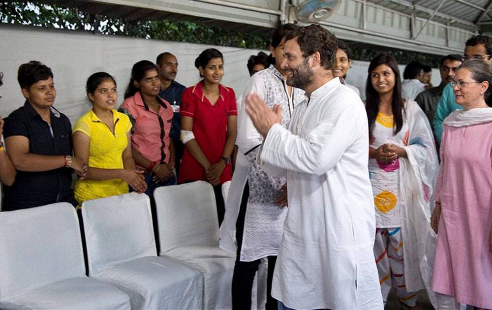 Congress President Sonia Gandhi and Party Vice President Rahul Gandhi meeting with winners of NSUI from Rajasthan at 10 Janpath, New Delhi.
