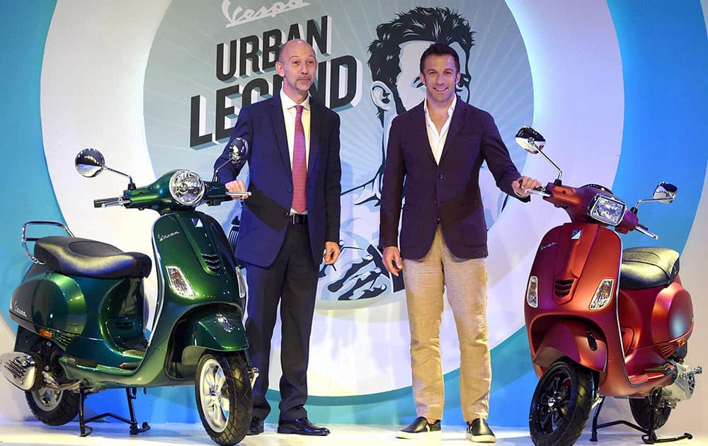 Veteran Footballer & Brand Ambassador Vespa Global Alessandro Del Piero with Stefano Pelle, MD of Piaggio India during launch of the new 150 cc Premium Vespa range scooter for Indian market in Mumbai.